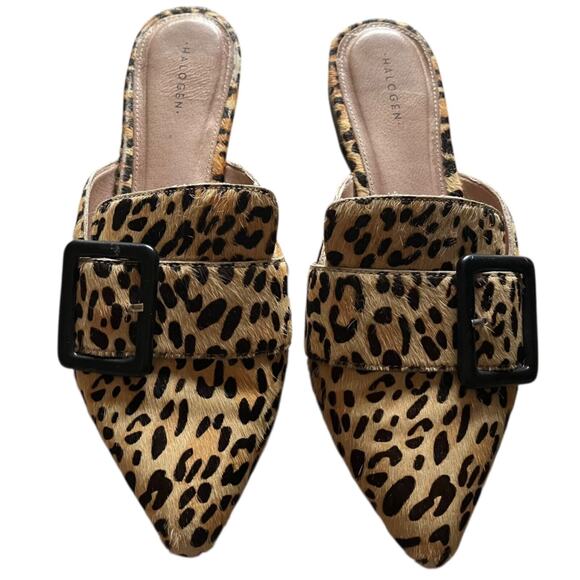 Halogen Cheetah Print Elyssa Buckle Mule Calf Hair Flats‎ Women's 7 Pointy Toe - Picture 2 of 10